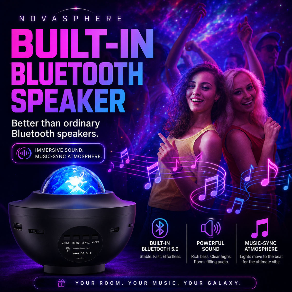 NovaSphere Galaxy Projector with Bluetooth Speaker & App Control